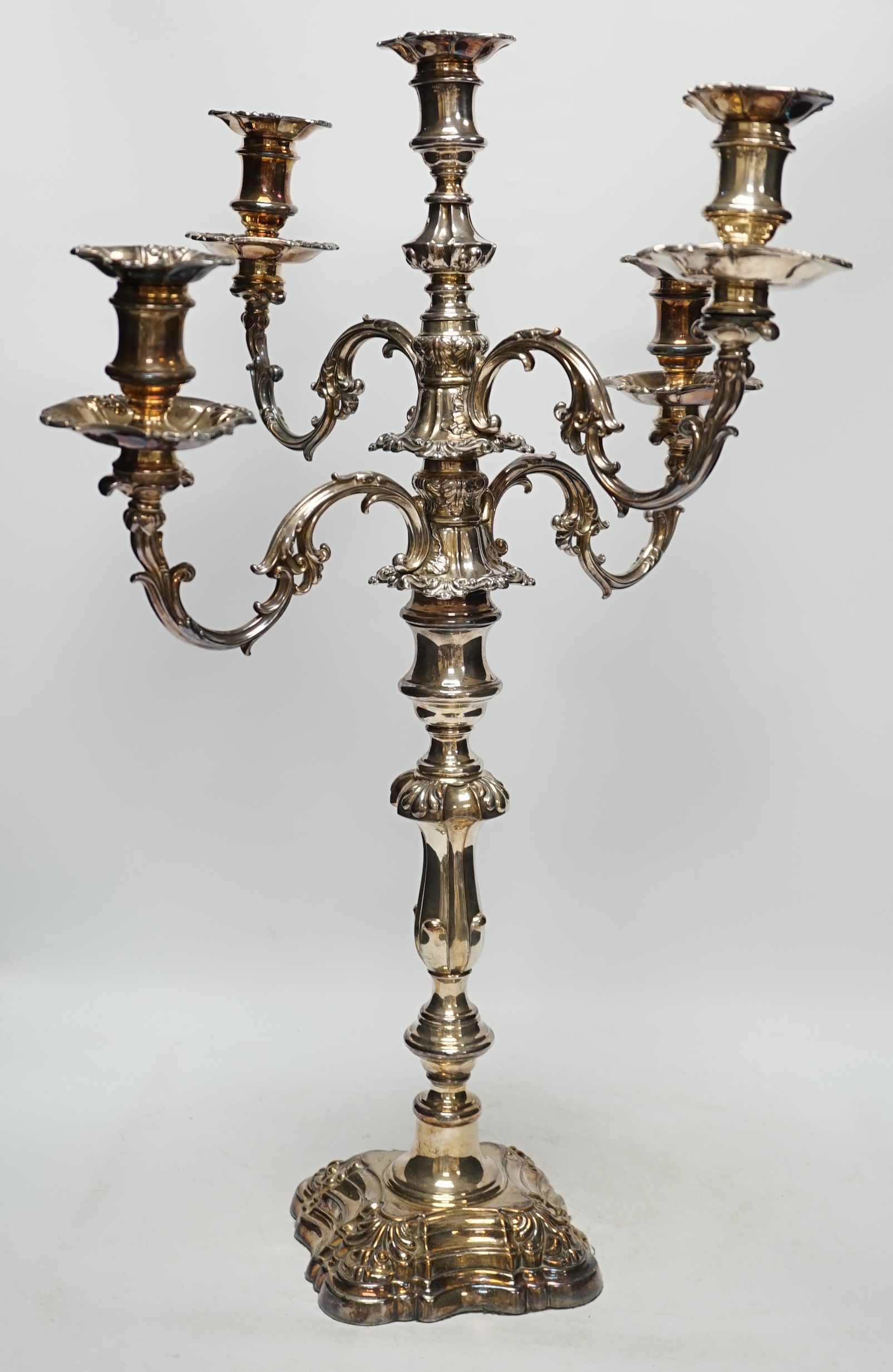 A large silver plated candelabrum. Condition - one candle holder broken, overall poor